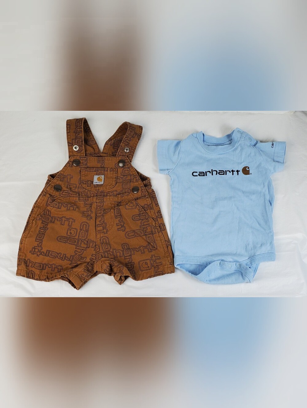Carhartt Baby Boy Bodysuit & AOP Overalls 2 Piece Set SD8850-B - Size 3M - EUC